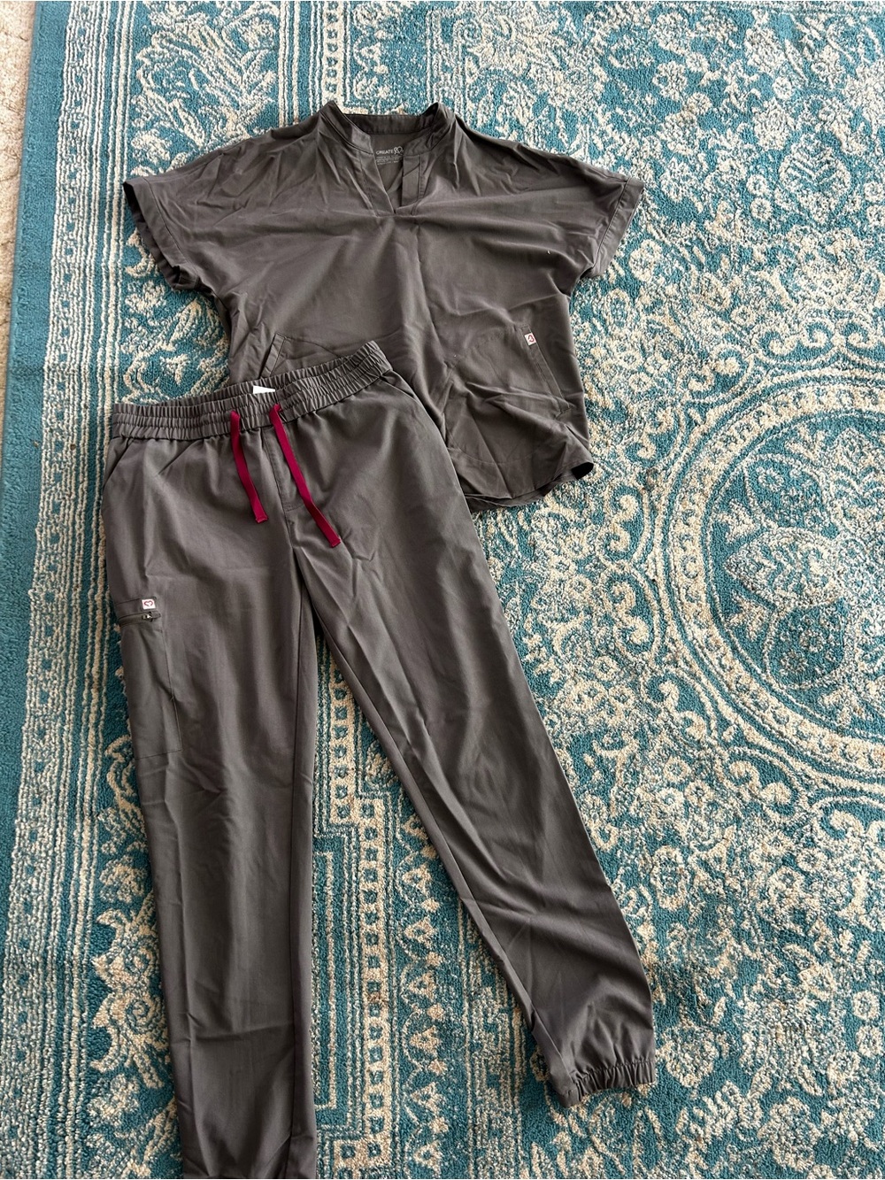Women's Charcoal Jogger Scrub Pants with Burgundy Drawstring